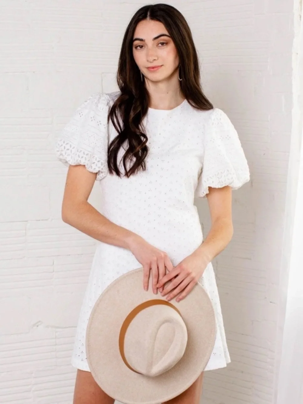 Free People Apricot Rose Mini Dress Eyelet Embroidered Lace Puff Sleeve White L - Picture 3 of 11